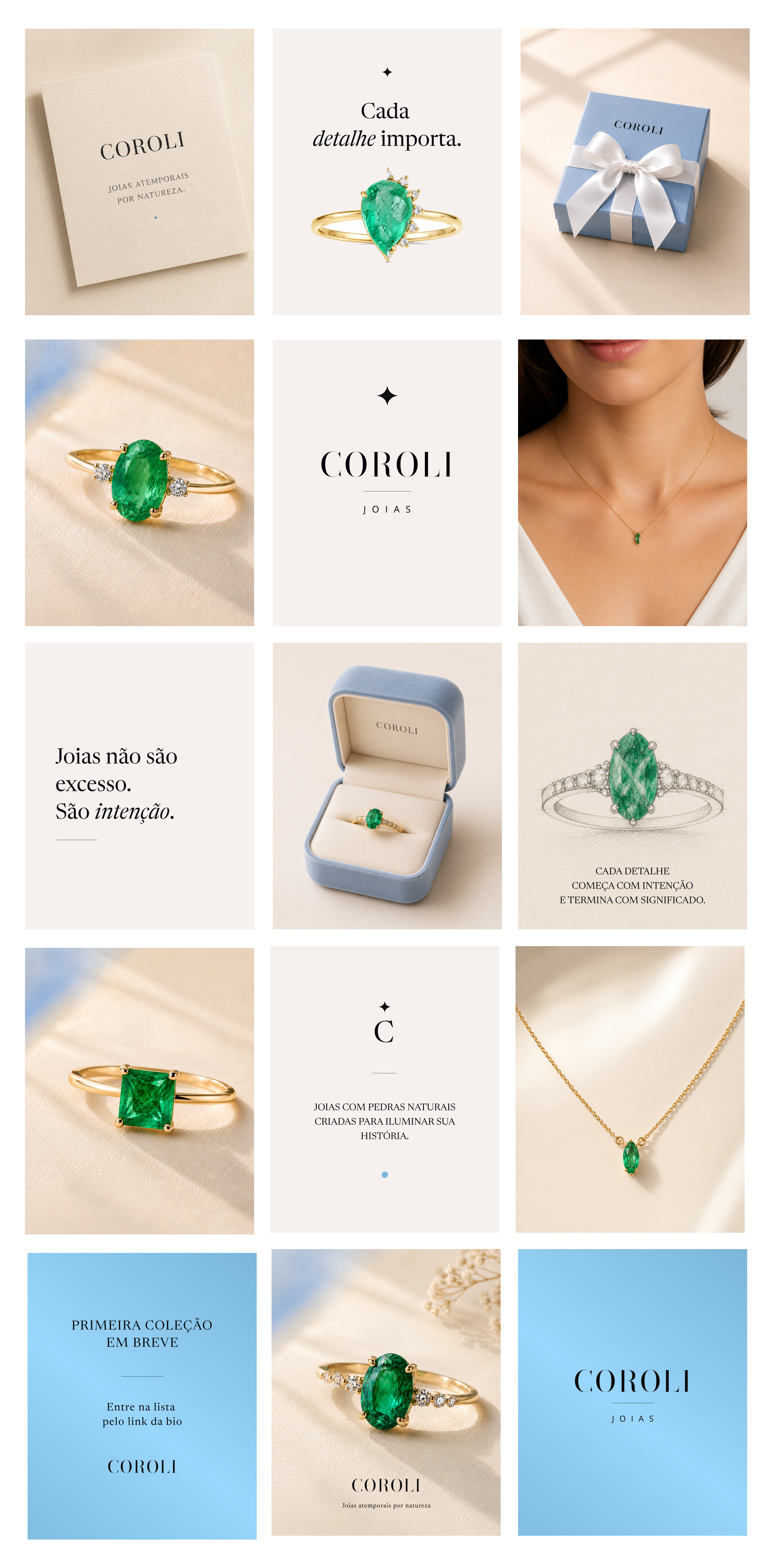 Grade visual de Instagram da Coroli com posts, joias, embalagem e direção editorial.